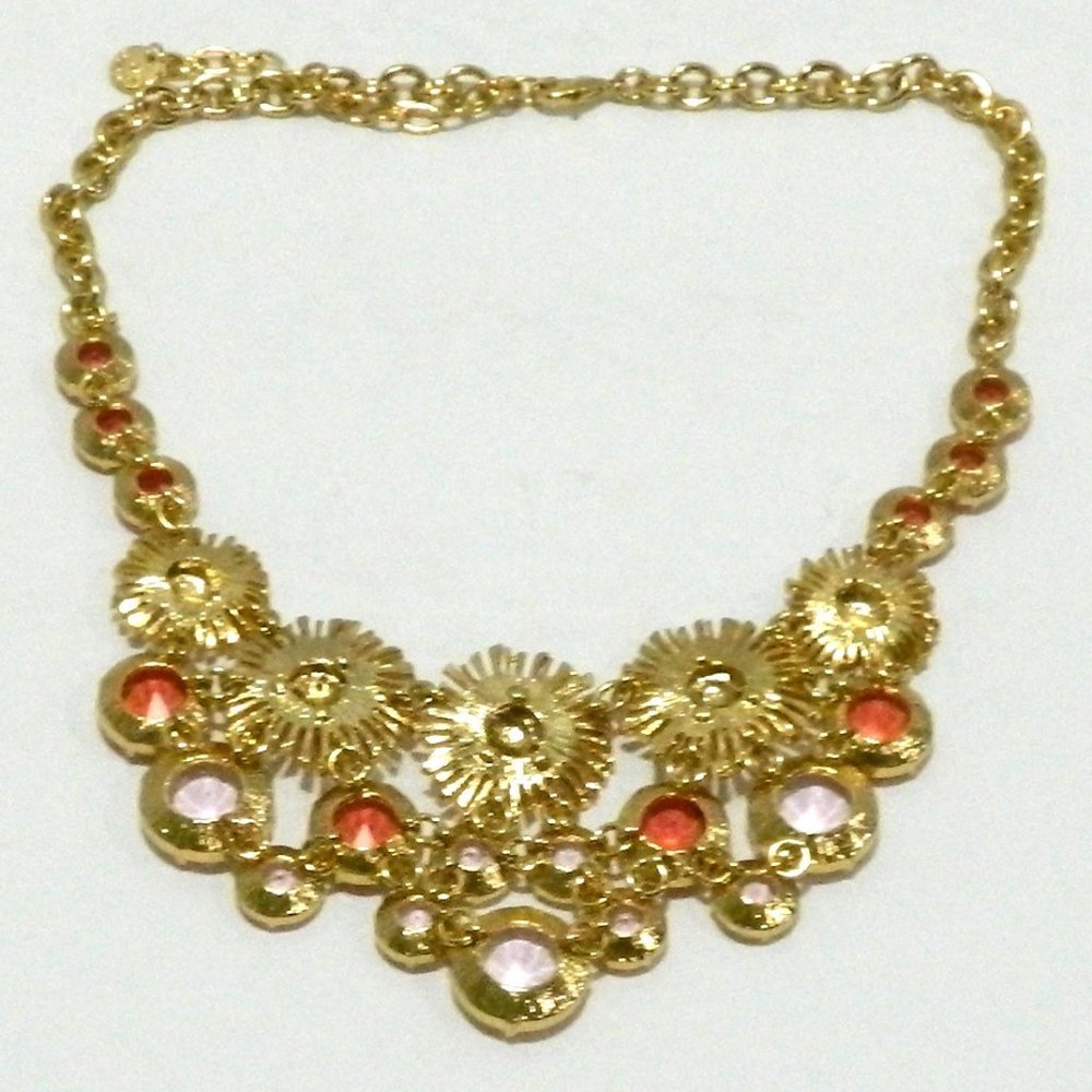 Talbots - Orange Flower Statement Necklace Gold T… - image 8